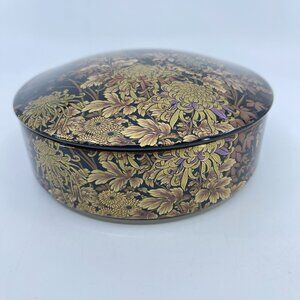 vintage shibata japanese floral round porcelain box black & gold chrysanthemum